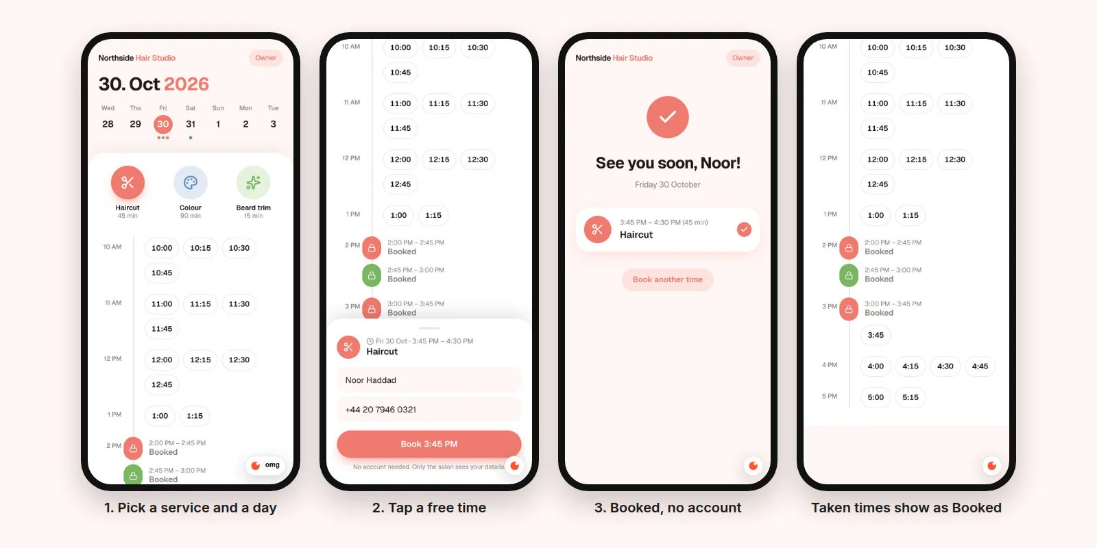 Four phone screens of the booking app, styled after the Structured reference: a date header with a week strip and round service icons, a bottom sheet to book 3:45 PM, the 