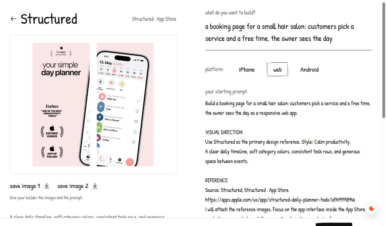 Design Bank showing the Structured day planner as a reference, with 