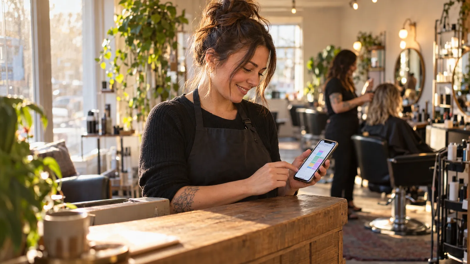 A salon owner smiles at her phone, checking the day's bookings at the front counter.