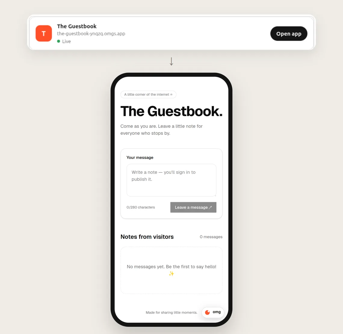 The Guestbook card in ChatGPT, with the link the-guestbook-ynqzq.omgs.app. Below it, a phone shows the guestbook. The message box says you sign in to publish your note.