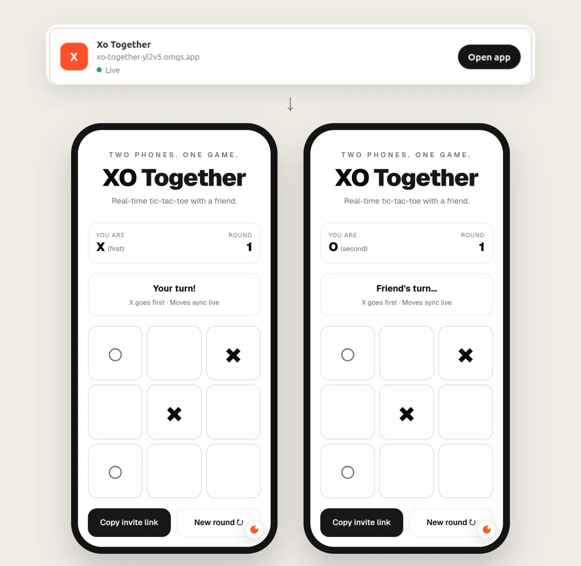 The Xo Together card in ChatGPT, with the link xo-together-yl2v5.omgs.app. Below it, two phones in the same room. The left phone plays X and shows Your turn. The right phone plays O and shows Friend's turn. Both boards show the same four moves.