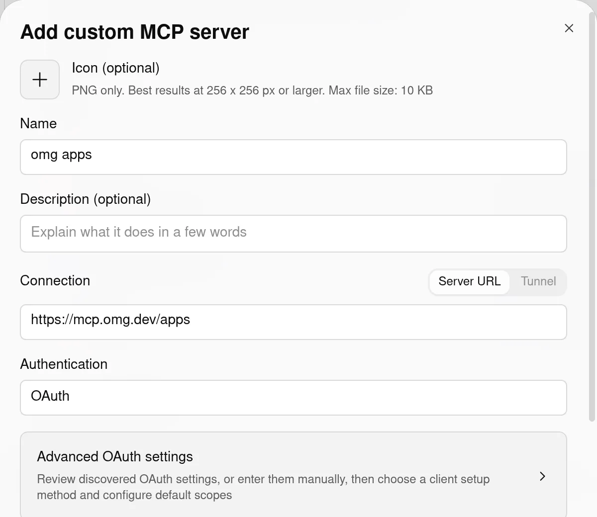 The Add custom MCP server form in ChatGPT, with the name omg apps, the connection https://mcp.omg.dev/apps and OAuth authentication