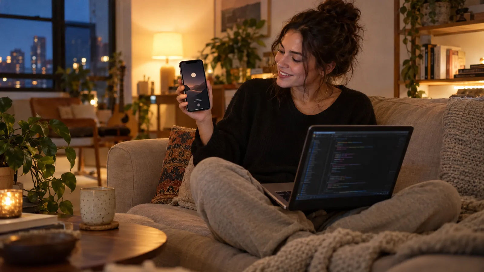 A founder on her sofa in the evening, laptop open, holding up her phone to show the journaling app she built.