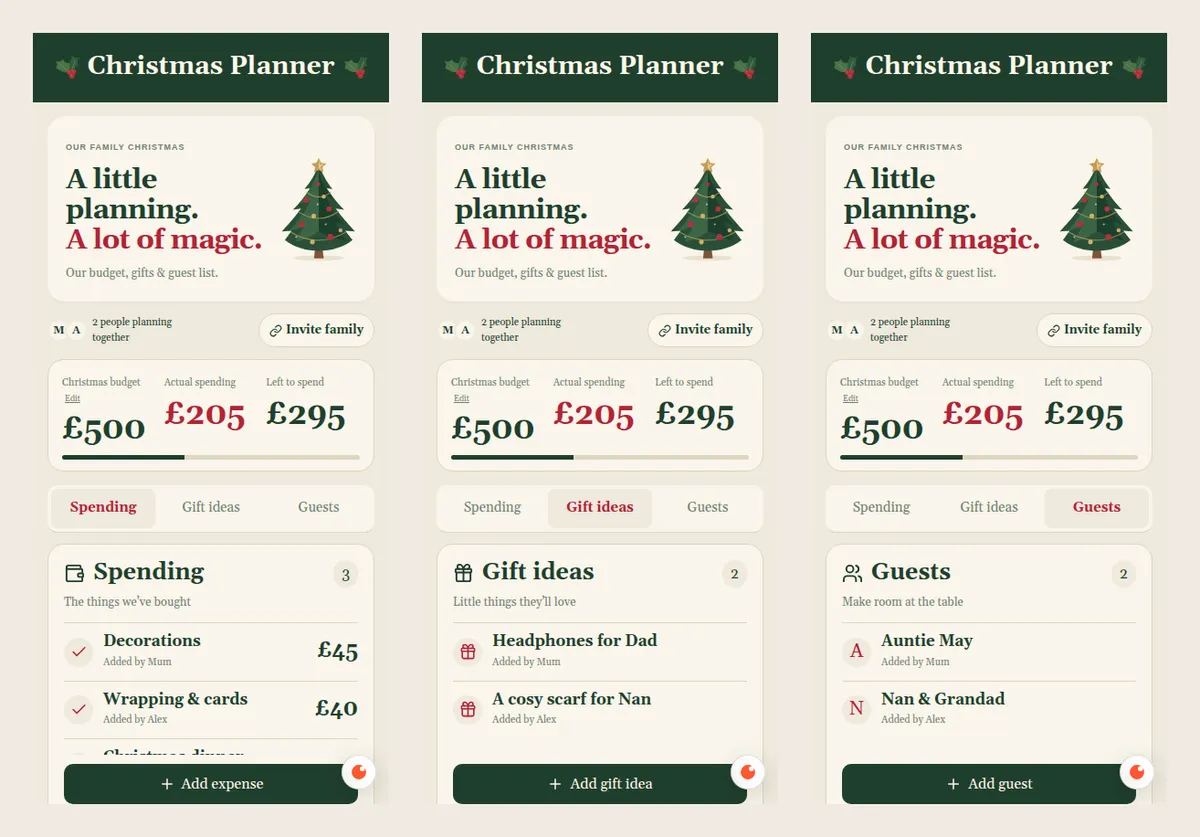 Three phone screens from the planner: Spending with decorations, wrapping and Christmas dinner; Gift ideas with headphones for Dad and a cosy scarf for Nan; and Guests with Auntie May and Nan & Grandad, each showing who added it.
