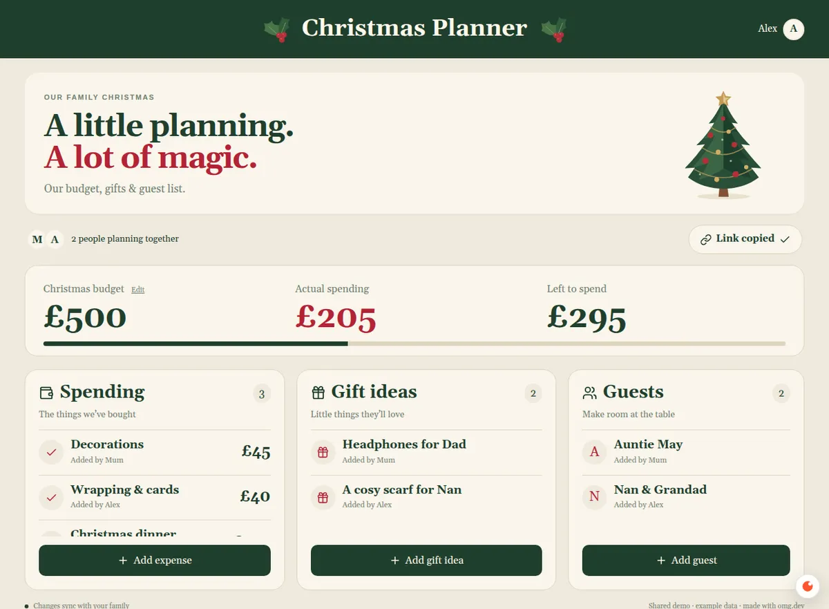 The Christmas Planner on a computer: