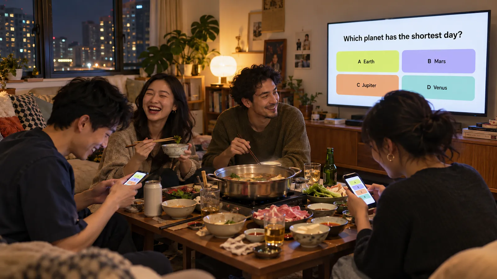 Friends at a dinner party playing the quiz: the question