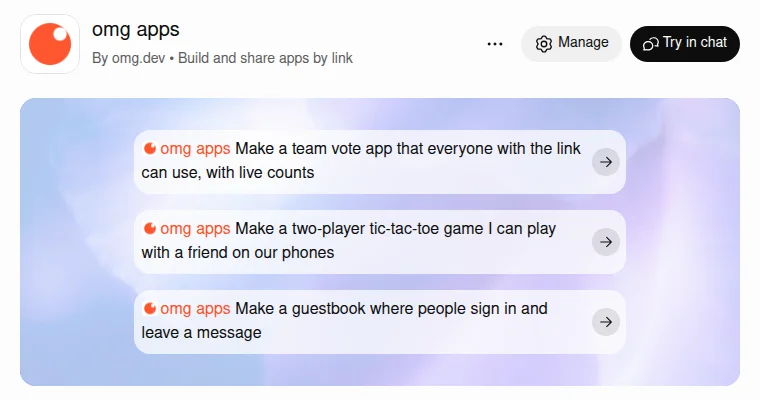 The omg apps page in ChatGPT, by omg.dev, with three example requests. Before you install it, the button at the top right says Install plugin.