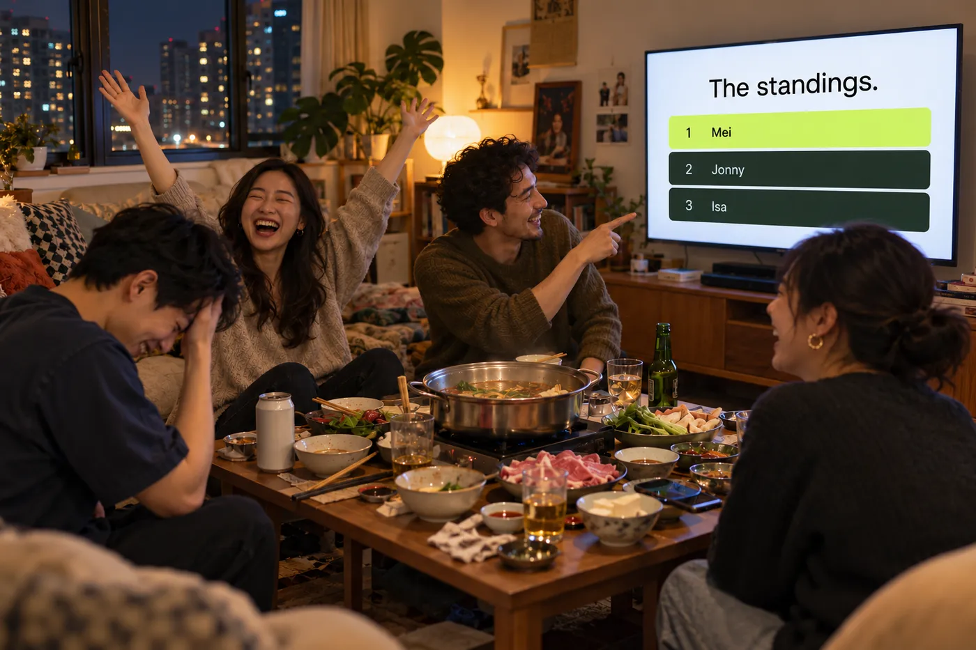 A friend celebrates with both arms up while the TV shows