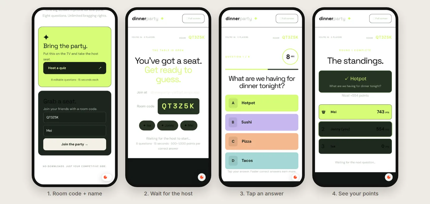 Four phone screens: typing the room code and a name, waiting for the host, a question with four coloured answers, and the standings with +554 points.