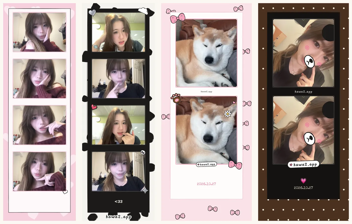 Four real kawa2 strips from Chloe's launch post: a pink four-photo strip, a black film strip with a friend, her shiba inu in a pink bow frame, and a brown polka-dot strip with a bear sticker over her face, each stamped kawa2.app and 2026.10.27.