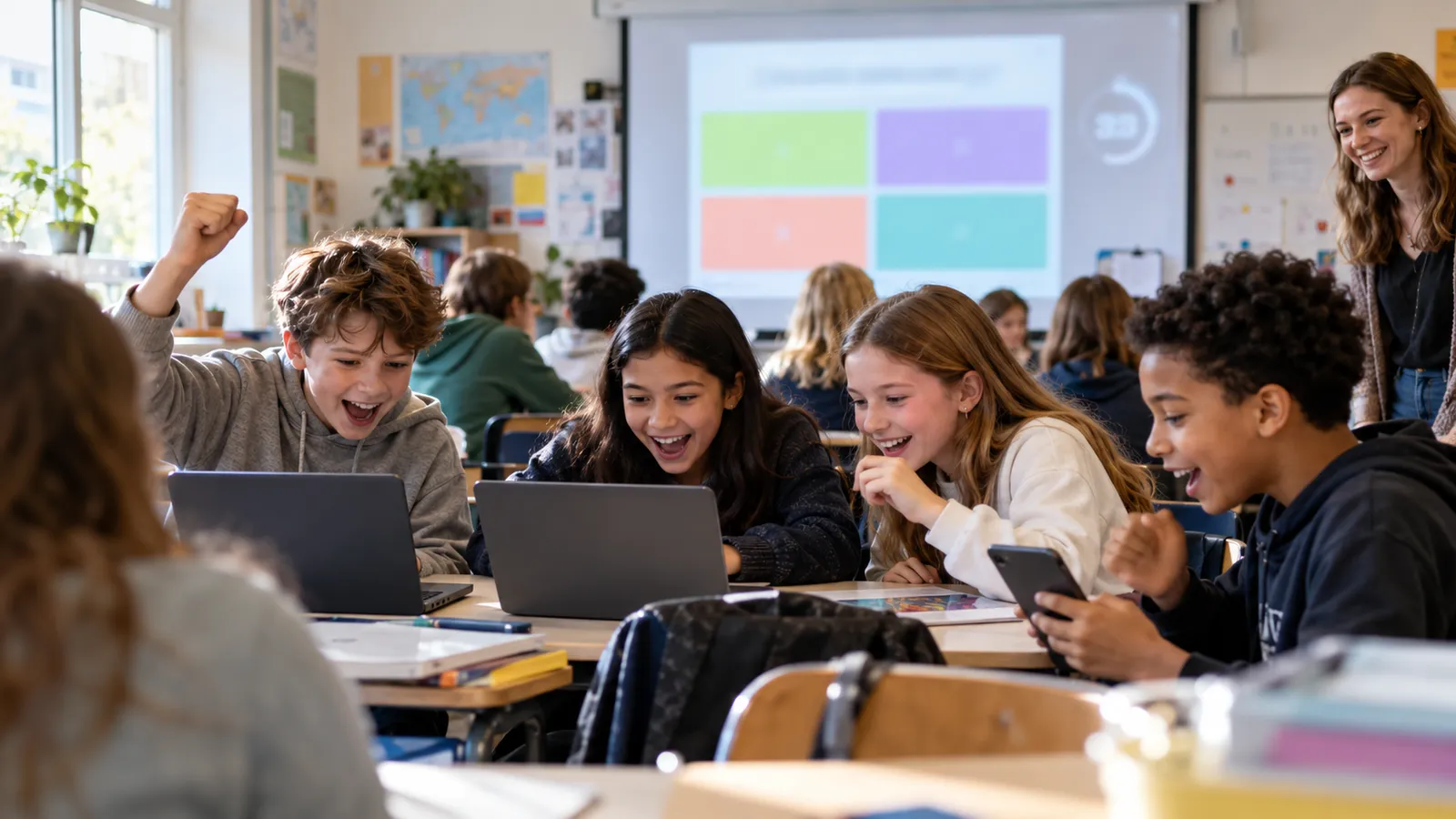 Students in a classroom cheer as they answer a quiz on laptops and phones, with the question on the projector screen and the teacher smiling.