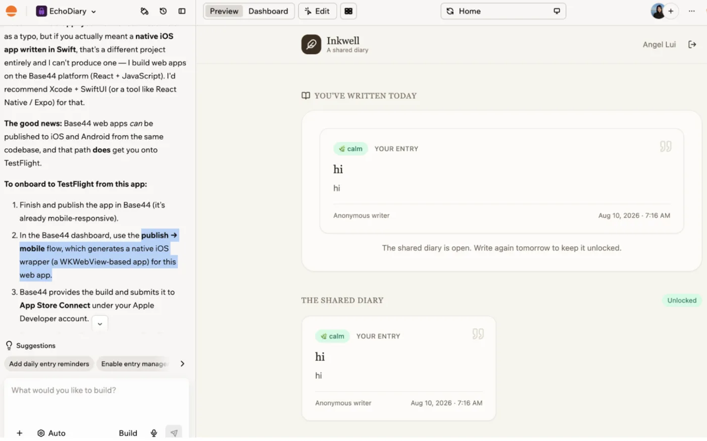 Base44's editor with the shared diary web app on the right and instructions for publishing a wrapped iOS version on the left.