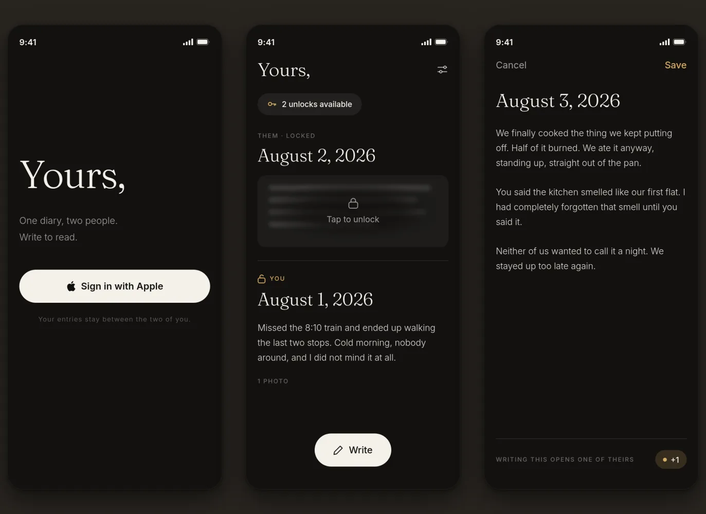 The finished diary app in dark mode: the sign-in screen, the timeline with