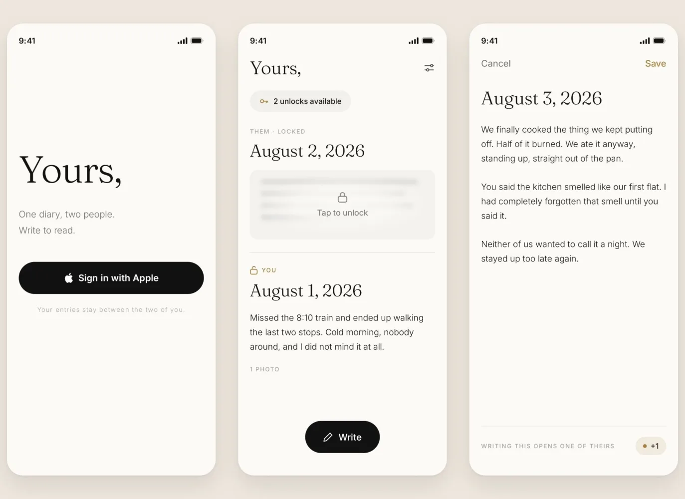Three screens of the finished diary app on iPhone: the