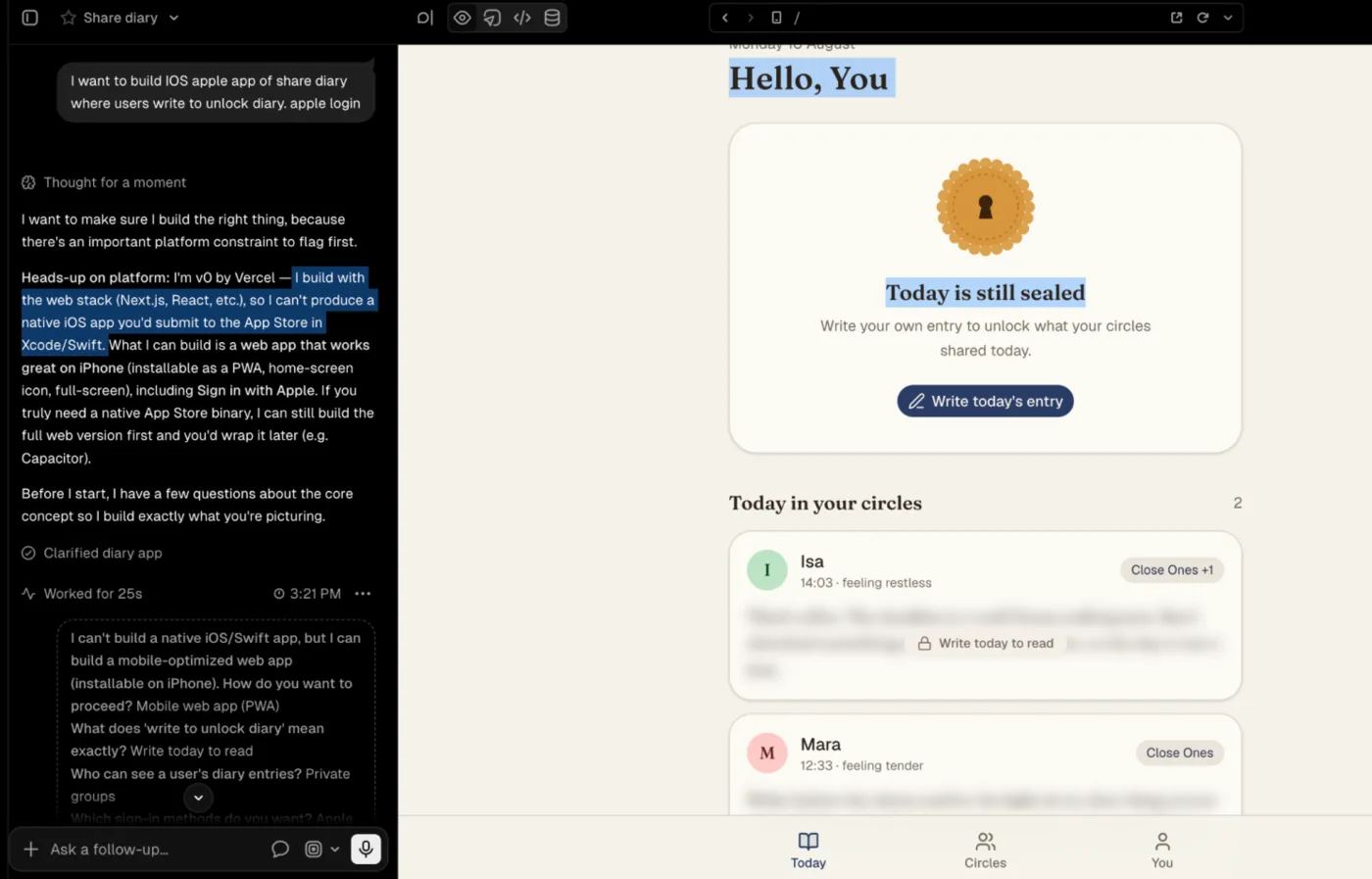v0's answer explaining it builds a web app rather than a native iOS app, next to a preview of the diary home screen.