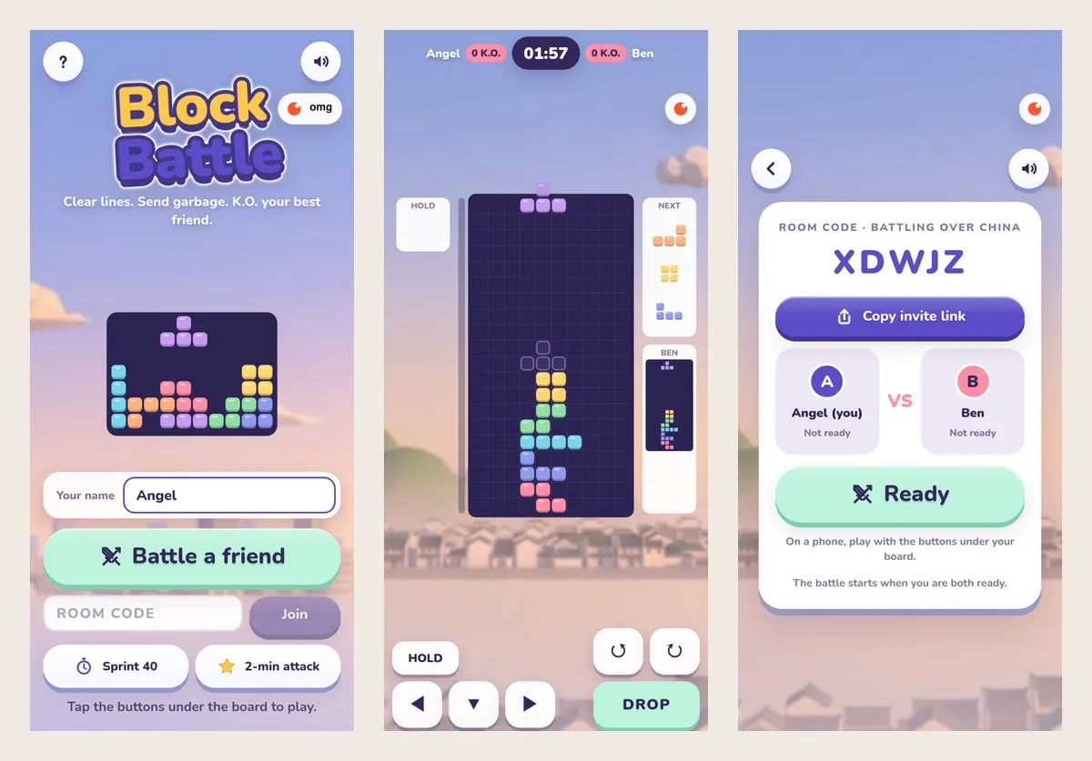 Three phone screens from Block Battle: the menu with