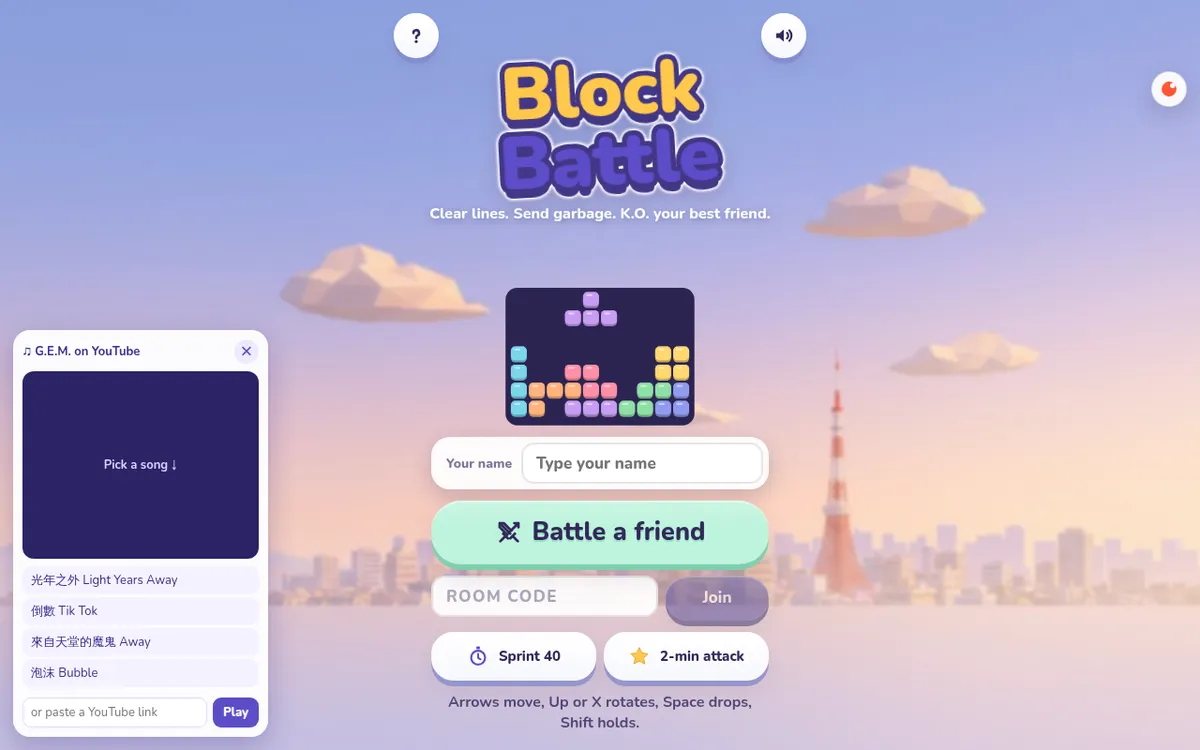 Block Battle's menu with the
