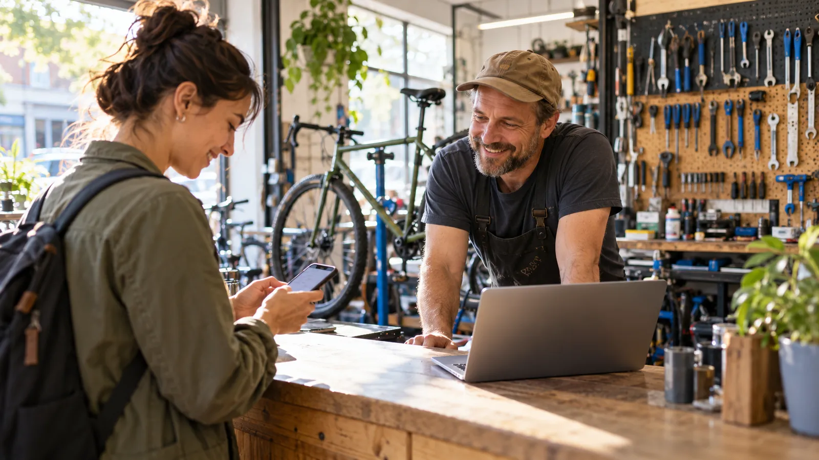 A bike shop owner smiles at his laptop on the workbench while a customer books a repair on their phone.