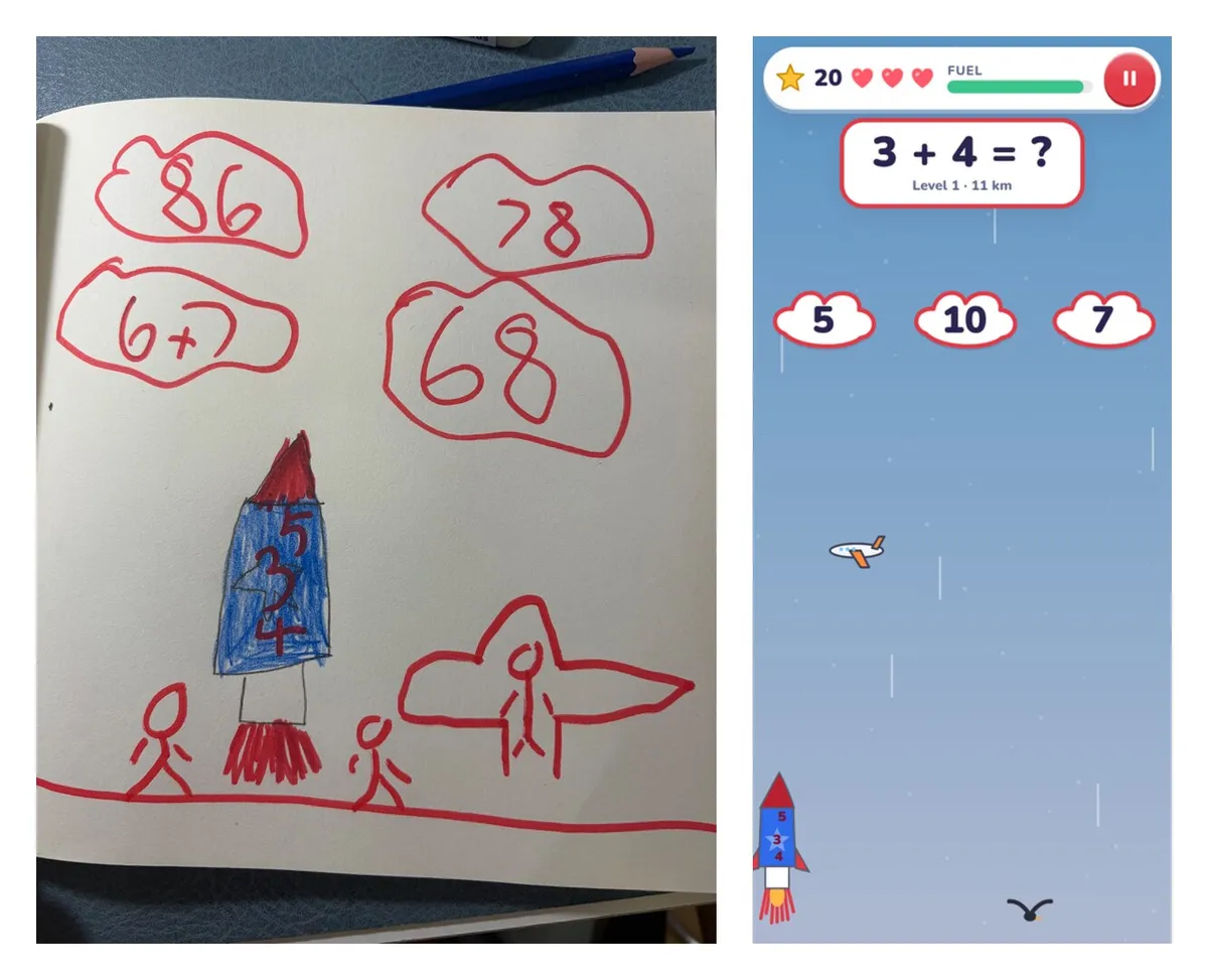 Left: Isaac's drawing of a blue rocket with 5, 3 and 4 on it, red flames, and red clouds with 86, 78, 68 and 6+7. Right: the same rocket in the finished game, flying towards clouds with 5, 10 and 7 under the sum 3 + 4.