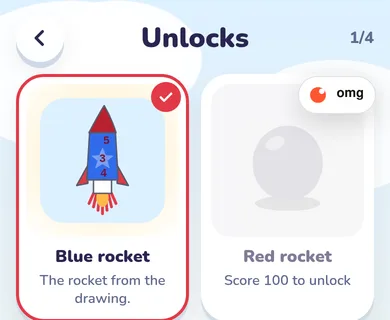 The rockets screen: the blue rocket from the drawing is chosen, and the red rocket needs 100 stars.