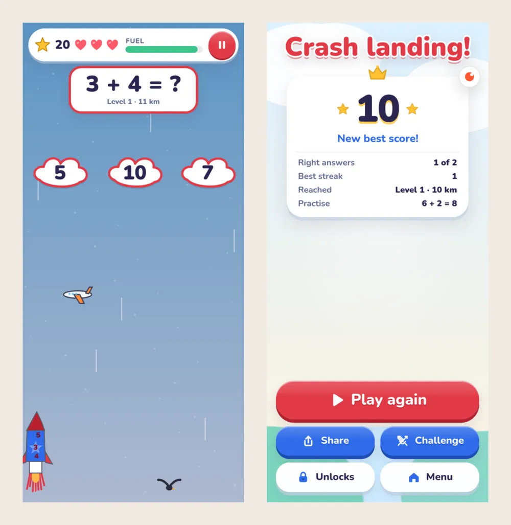 Two phone screens. Left: a round at level 1, with the sum 3 + 4, three answer clouds, a plane and a bird to dodge, and Isaac's rocket. Right: the results after a round, with the score, right answers, best streak, height reached and the sum to practise.