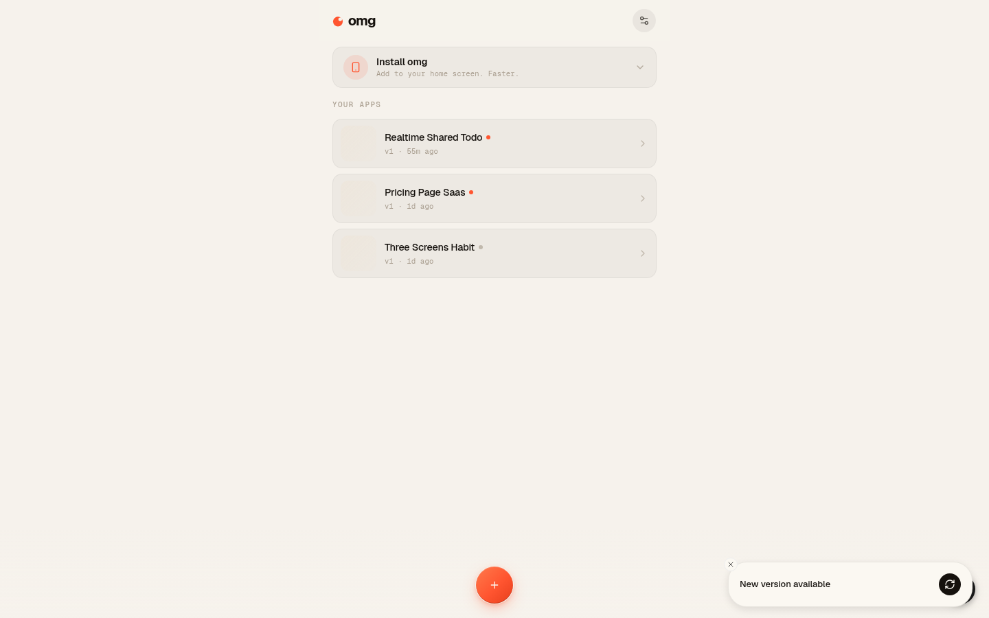 The omg.dev dashboard: app cards listed like icons on a phone home screen, with an Install prompt at the top and a floating