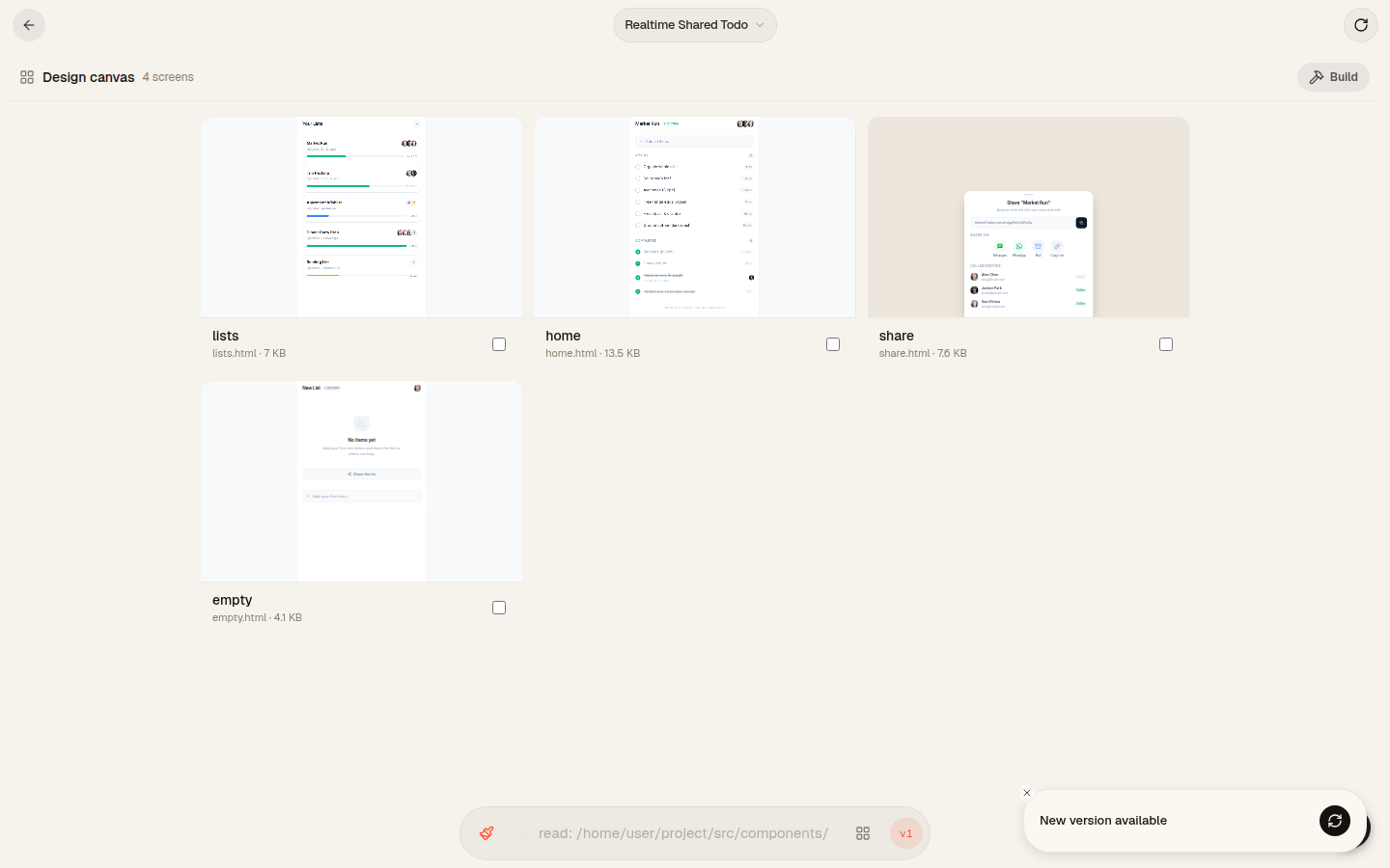 omg.dev Design canvas showing four screens (lists, home, share, empty) as visual mockups, ready to review before the Build button generates the working app
