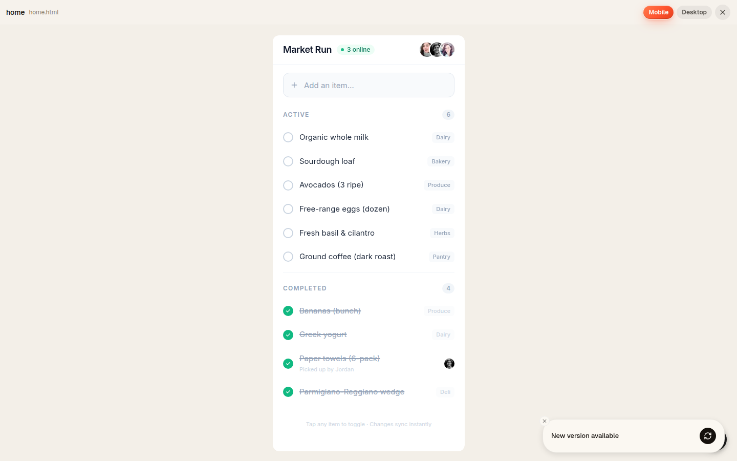 The same Market Run app shown in Mobile preview mode — content reflows to phone width, with the one-tap Desktop / Mobile toggle visible in the top right